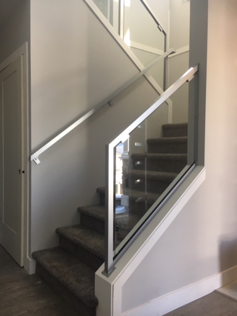 metal interior stair railing, glass, silver, modern